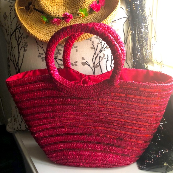 Handbags - Pink straw beach bag with draw string closure